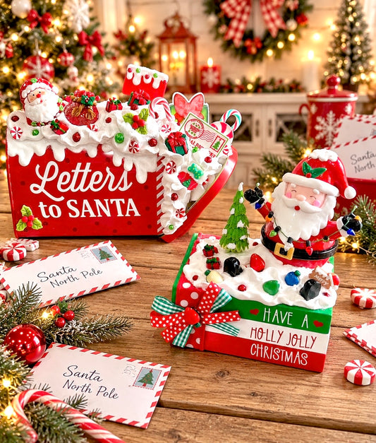 New! Santa Duo - Choice of - Letters to Santa Mailbox OR Holly Jolly Santa Bookstack