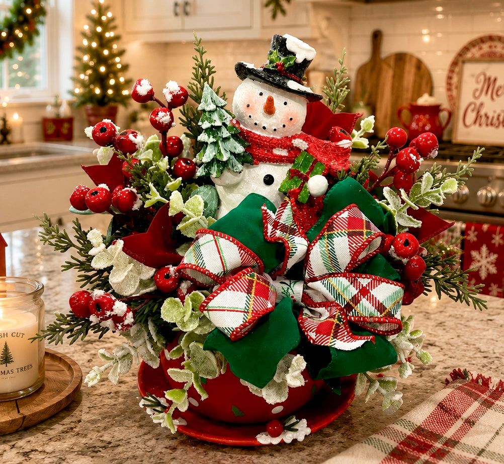 New! Christmas Snowman Teacup Arrangement
