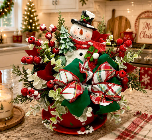 New! Christmas Snowman Teacup Arrangement