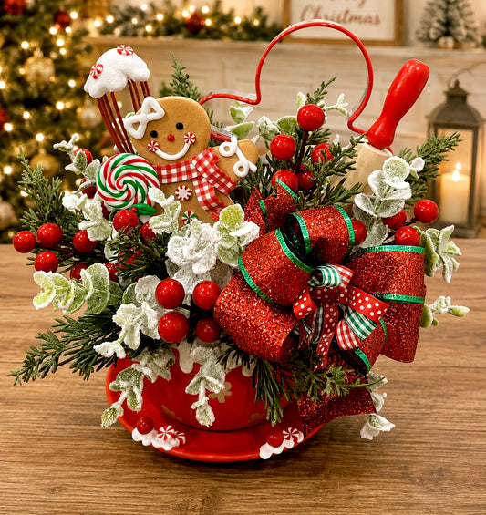 New! Christmas Gingerbread Teacup Arrangement